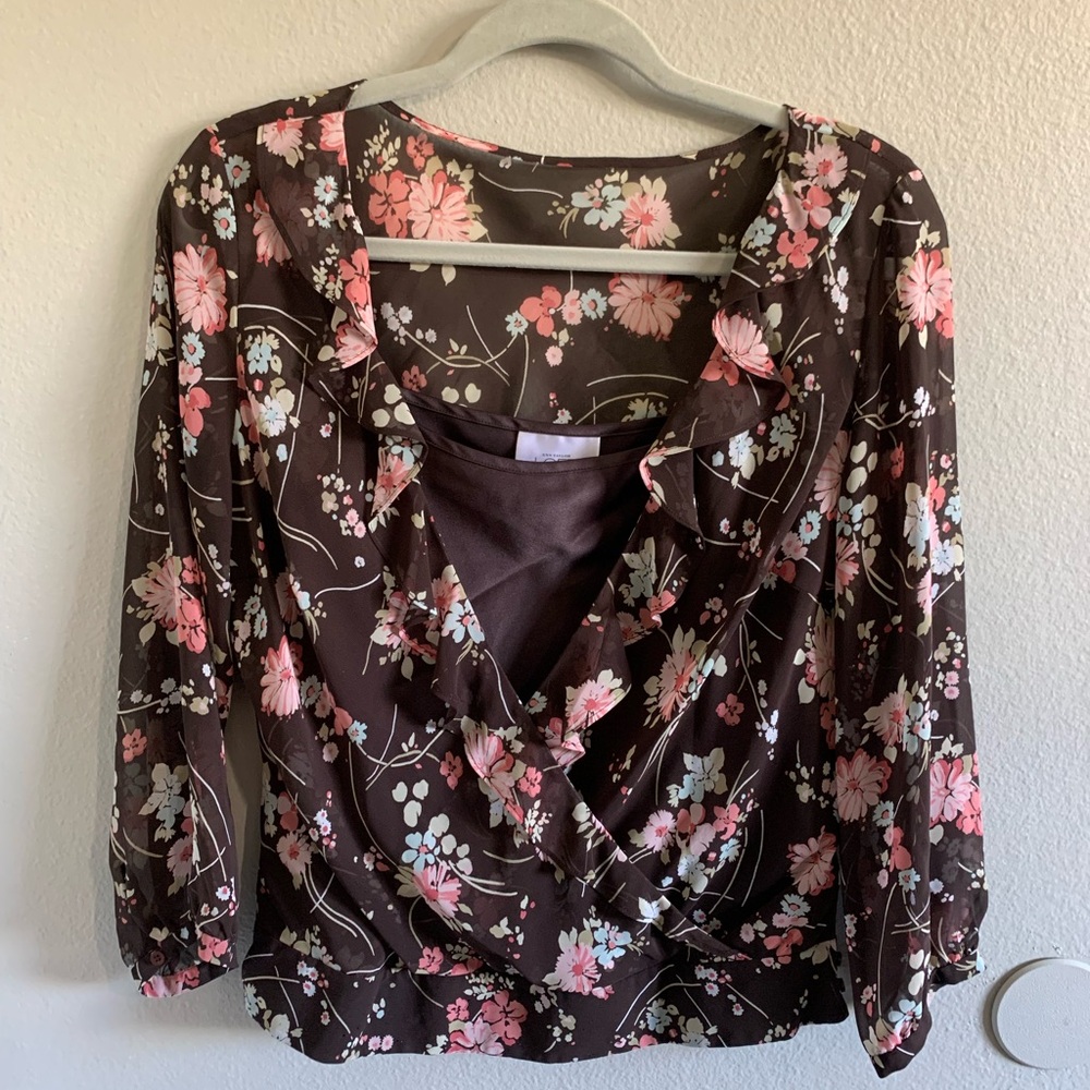 Ann Taylor LOFT Floral Brown and Pink Blouse size 6